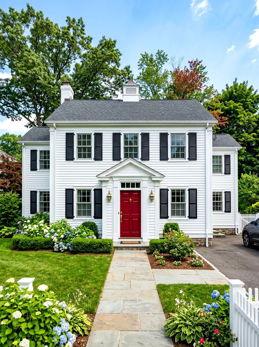 Red front door colonial house - 30 colonial front porch ideas