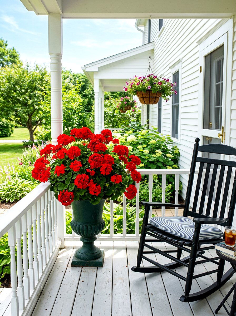 Red geranium porch urn - 30 porch urn planter ideas