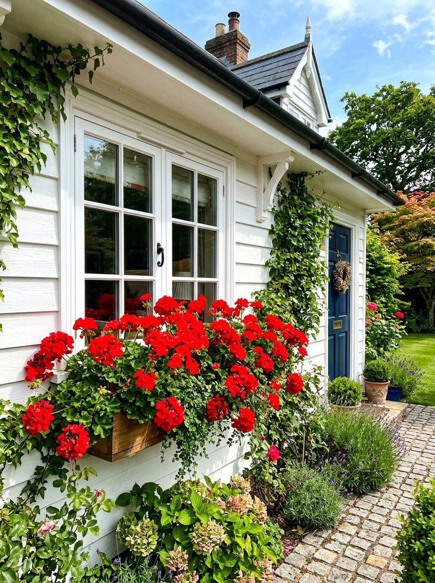 Red geranium window box - 30 summer bloom garden ideas