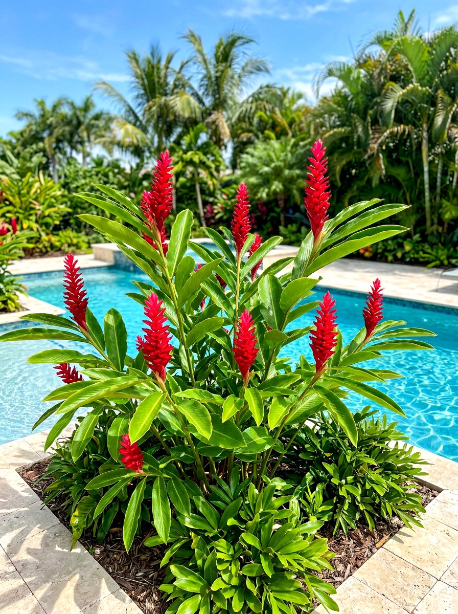 Red ginger plants - 30 tropical pool landscaping ideas