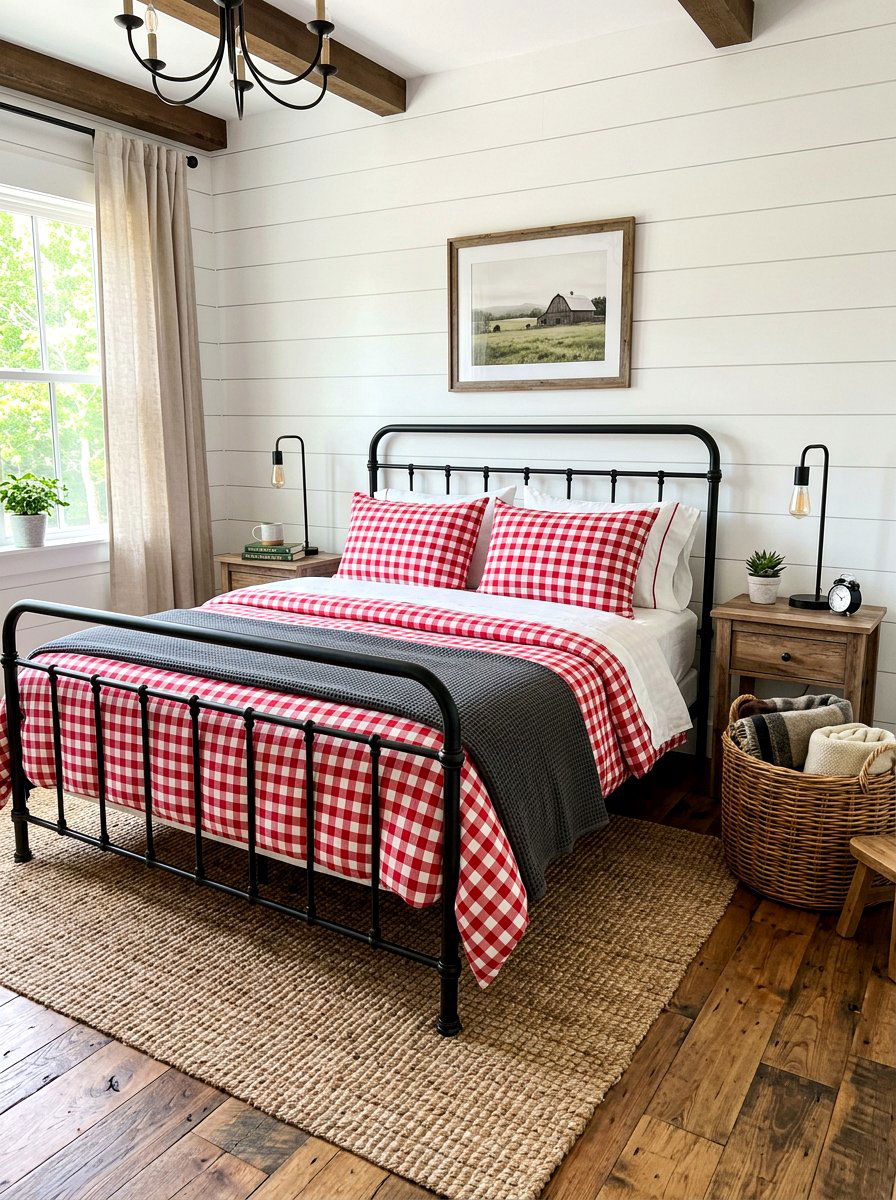 Red gingham check - 30 designer bedding bedroom ideas