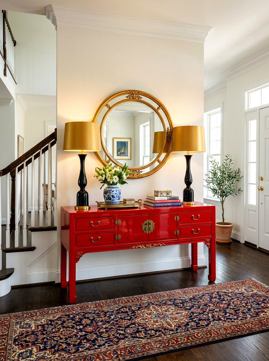 Red lacquer chinoiserie console table - 30 chinoiserie table ideas