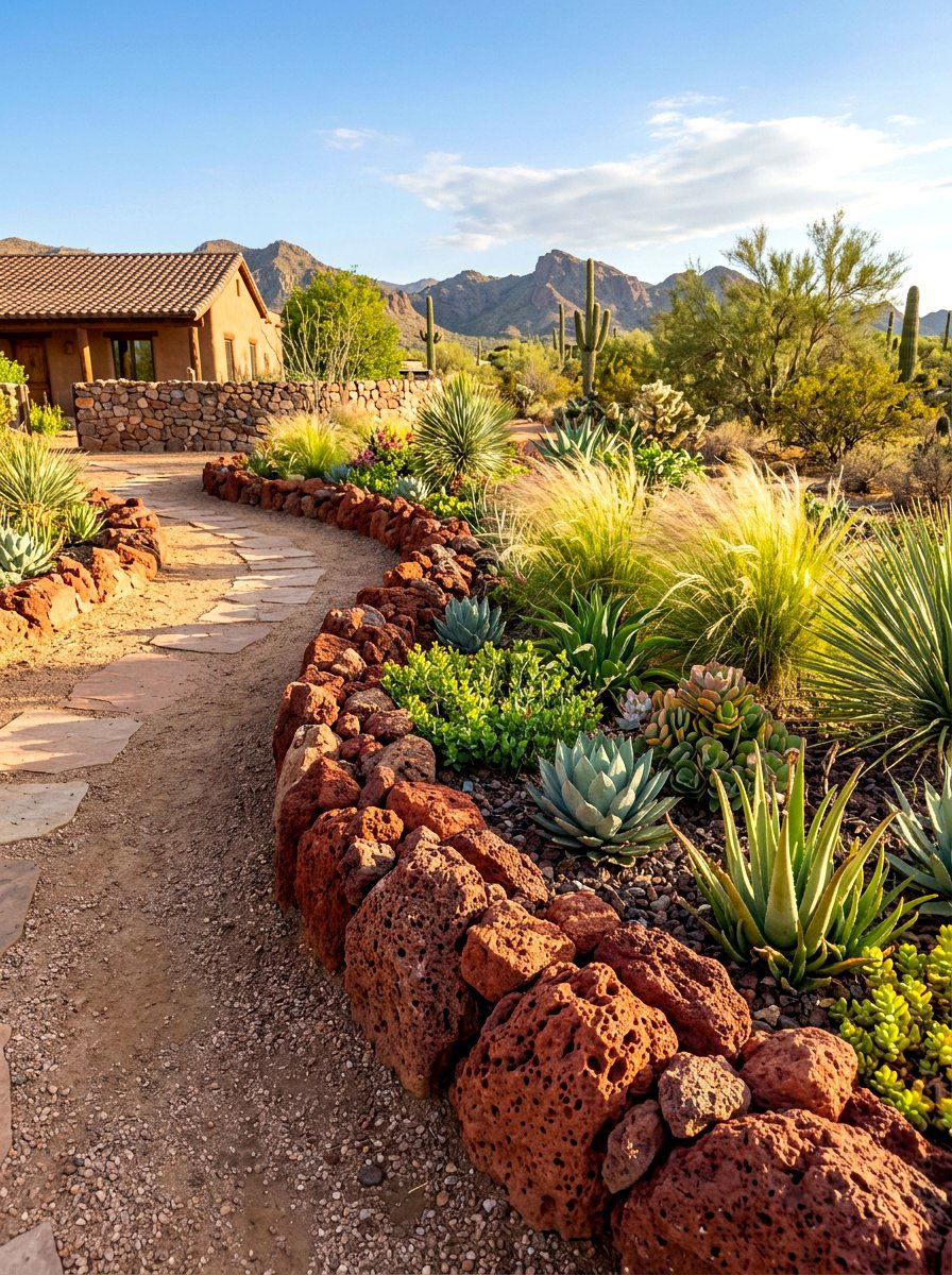 Red lava rock edging - 30 stone mulch border ideas