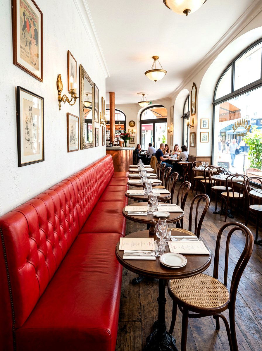 Red leather banquette seating - 30 Paris cafe dining room ideas