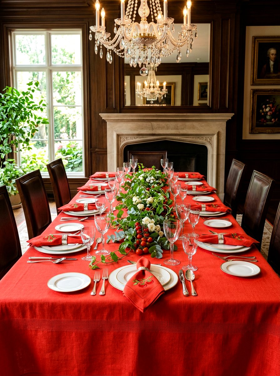 Red linen dinner table - 30 tomato tablescape ideas
