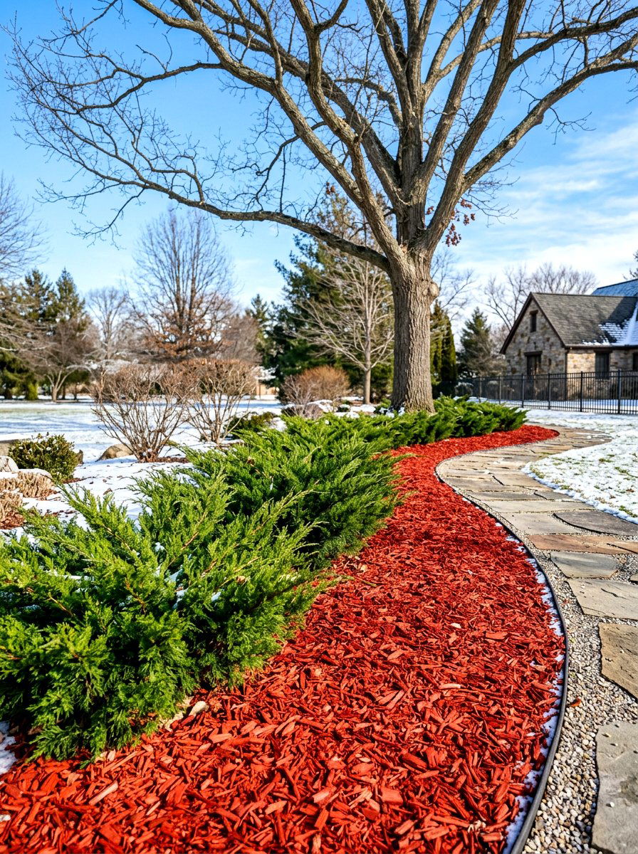 Red mulch and evergreen border - 30 flower bed around tree ideas