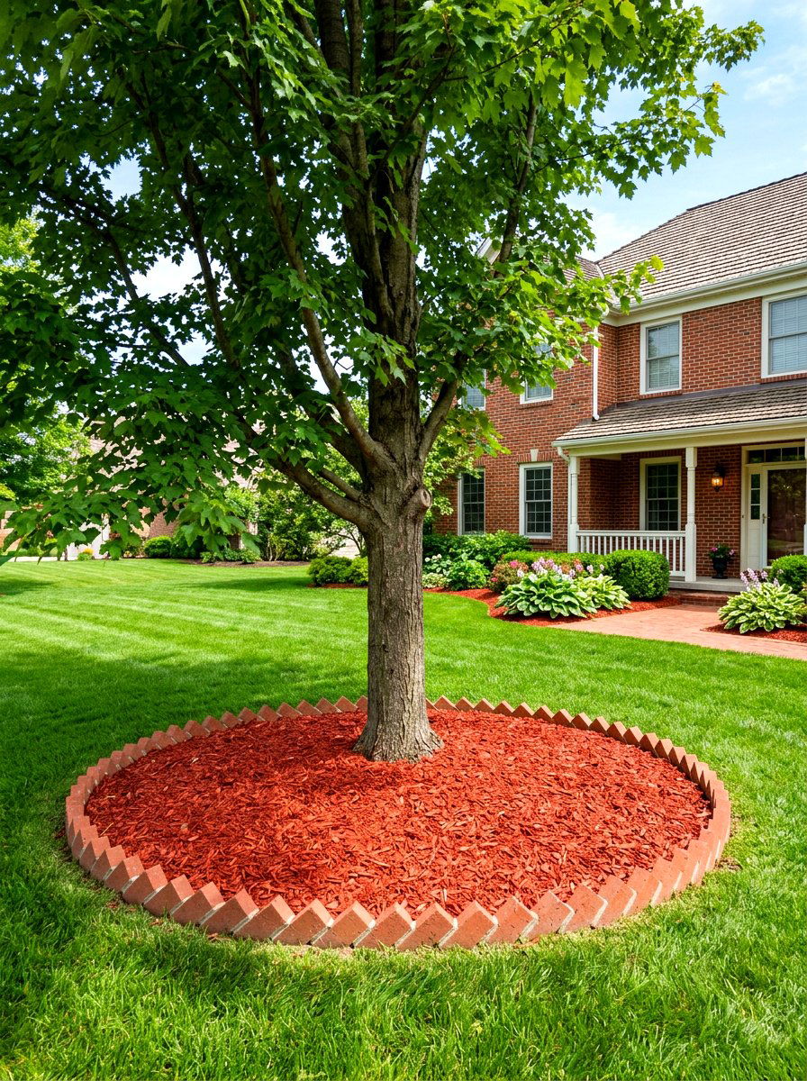 Red mulch with brick border - 30 mulch ring around tree ideas