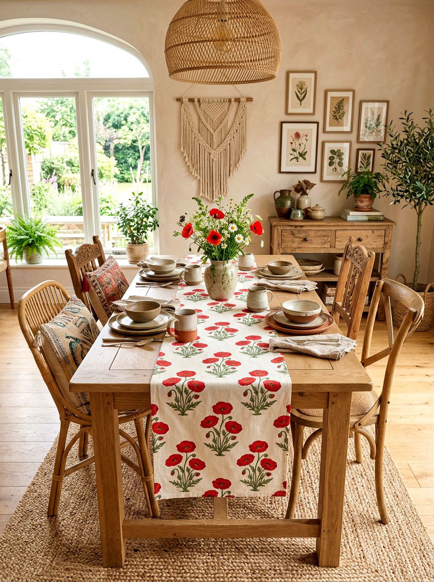 Red poppy block print table runner - 30 floral table runner ideas
