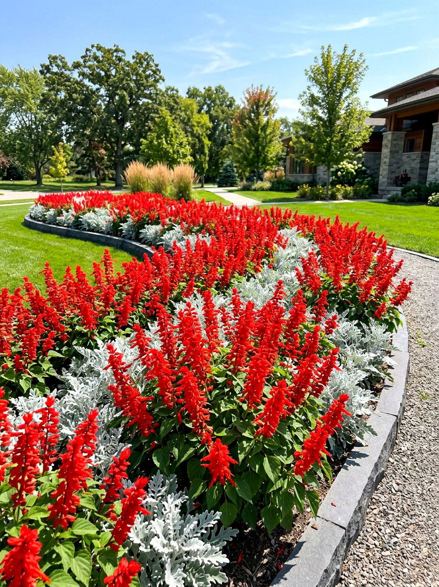 Red salvia landscape - 30 annual flower border ideas