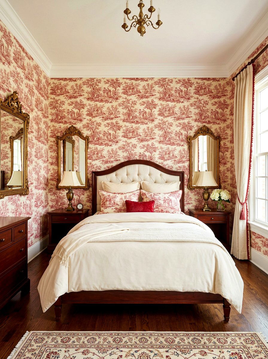 Red toile wallpaper - 30 toile bedroom ideas