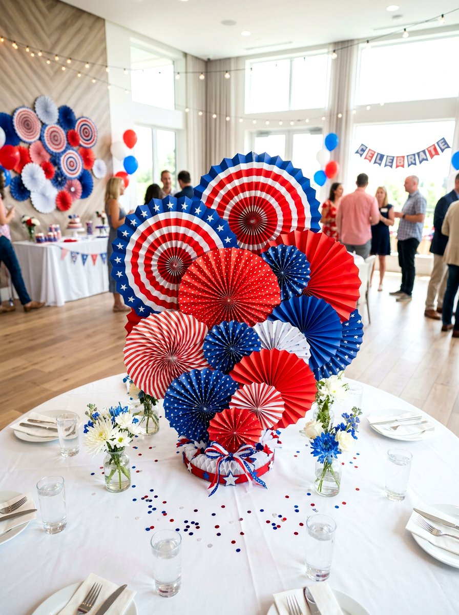 Red white and blue paper fans - 30 patriotic table decor ideas