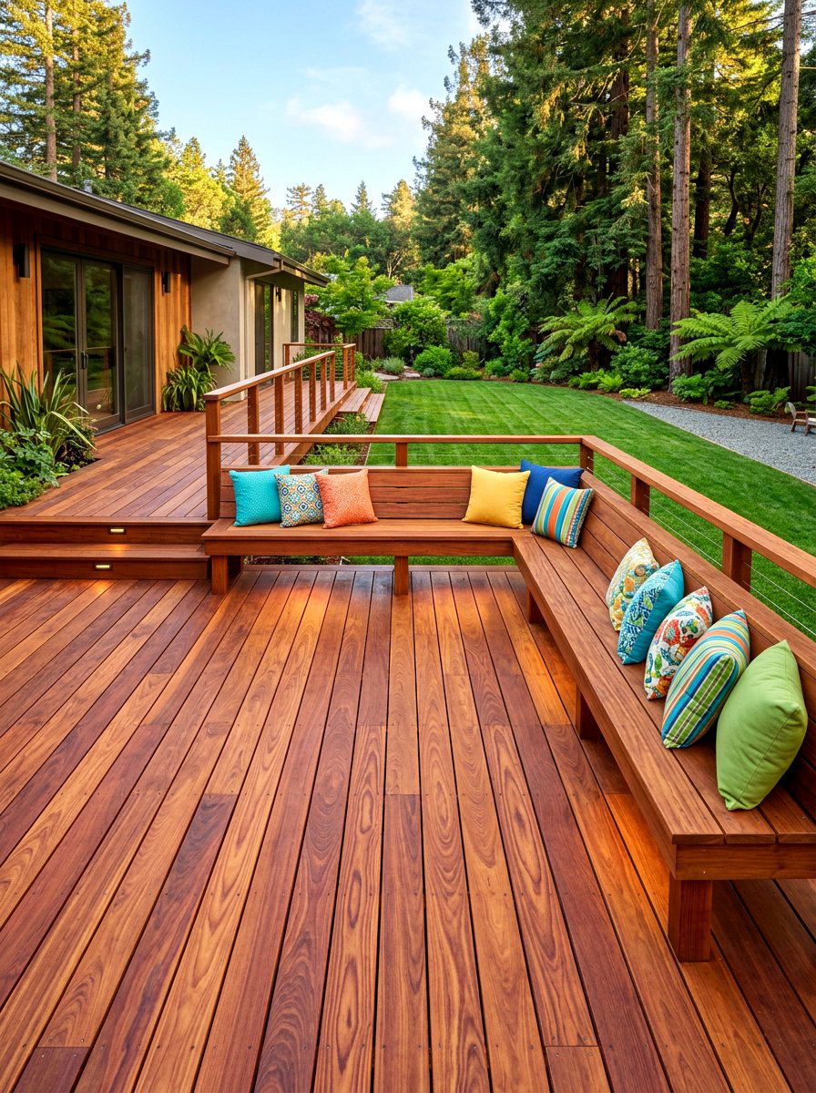 Redwood Deck Built In Bench - 30 warm wood patio lounge ideas