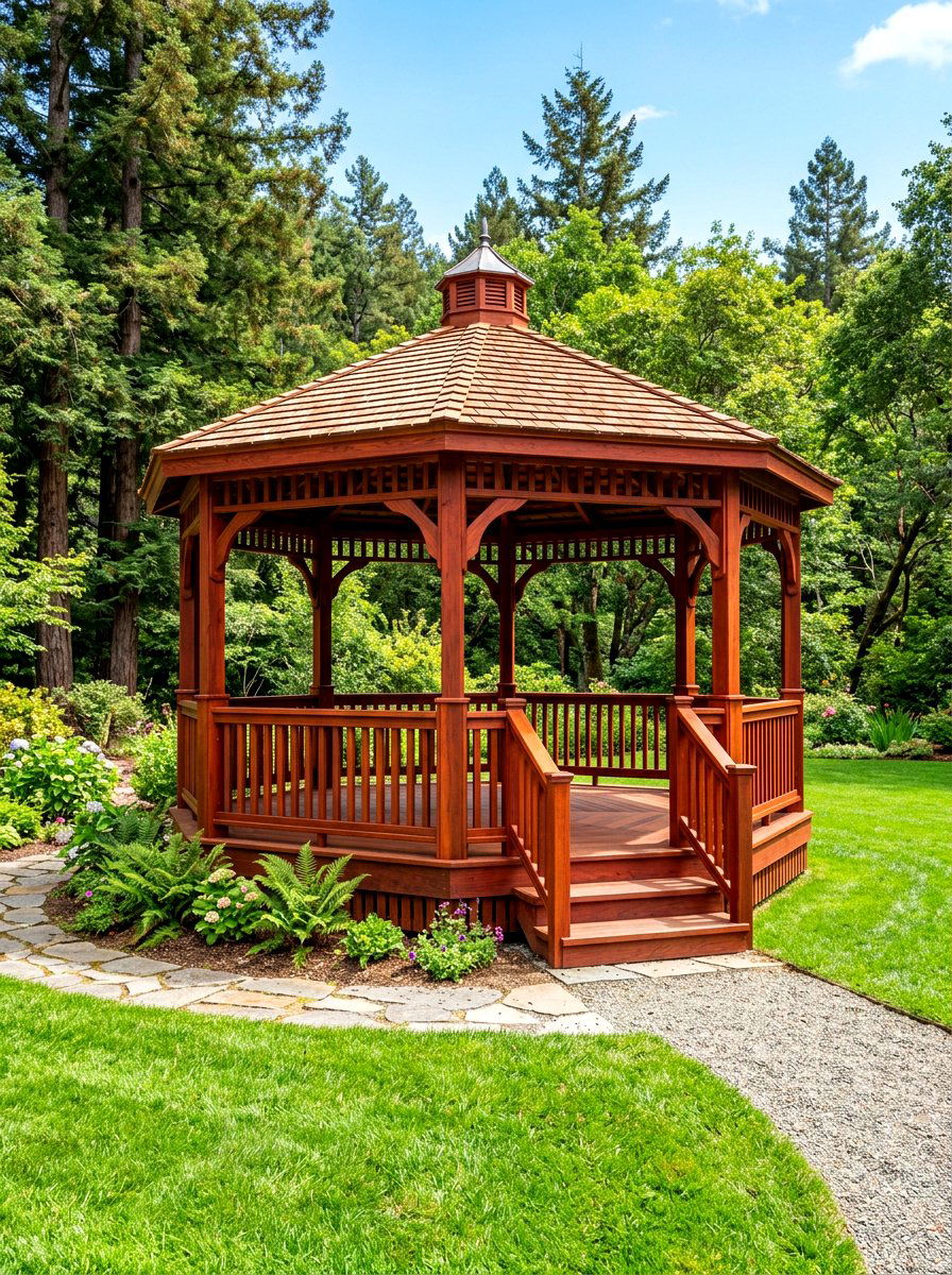 Redwood Gazebo With Railing - 30 wooden gazebo ideas