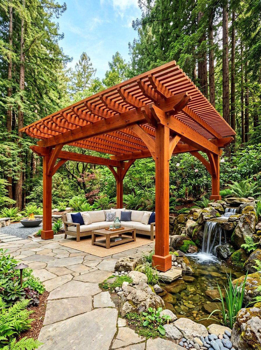Redwood timber slats - 30 pergola roof ideas