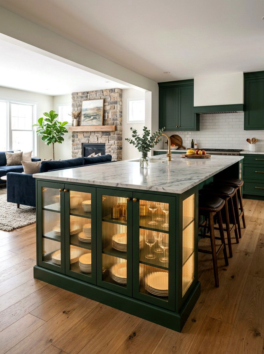 Reeded Glass Door Island - 30 modern farmhouse kitchen island ideas