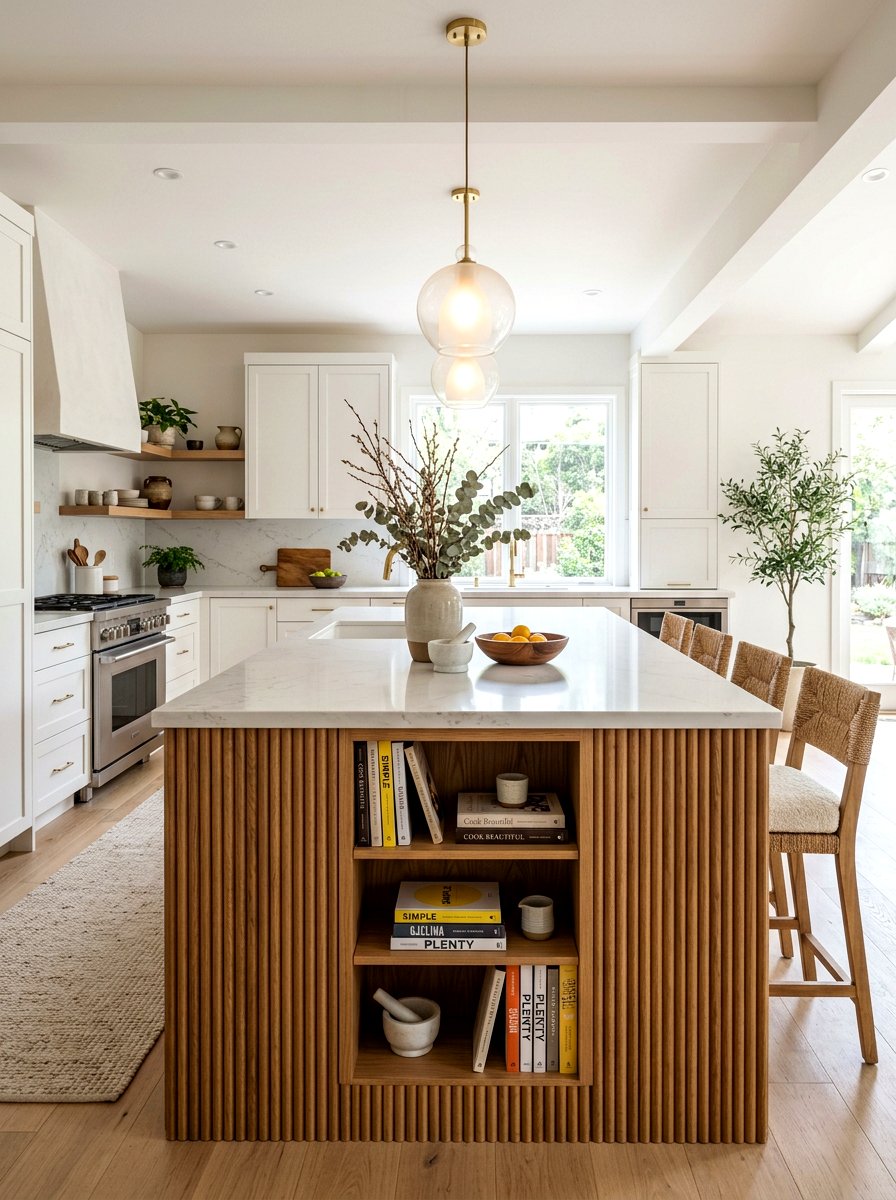 Reeded wood kitchen island with shelves - 30 island bookshelf ideas