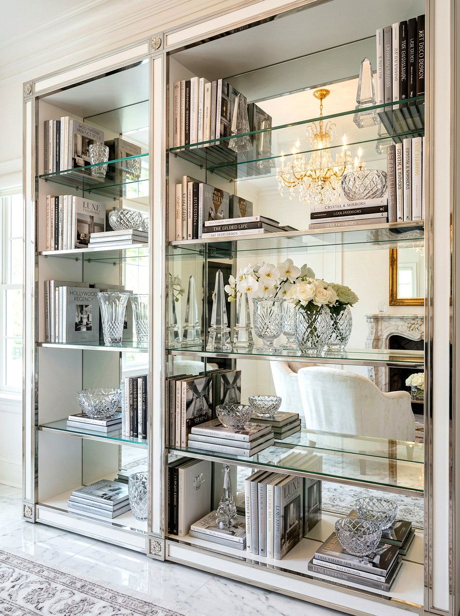 Reflective Mirror Backed Shelf - 30 organizing a bookshelf ideas