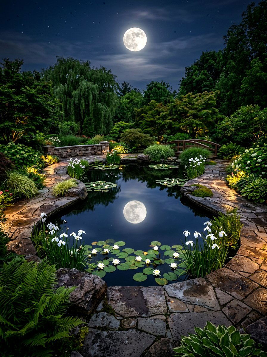 Reflective Water Feature - 30 moonlight patio garden ideas