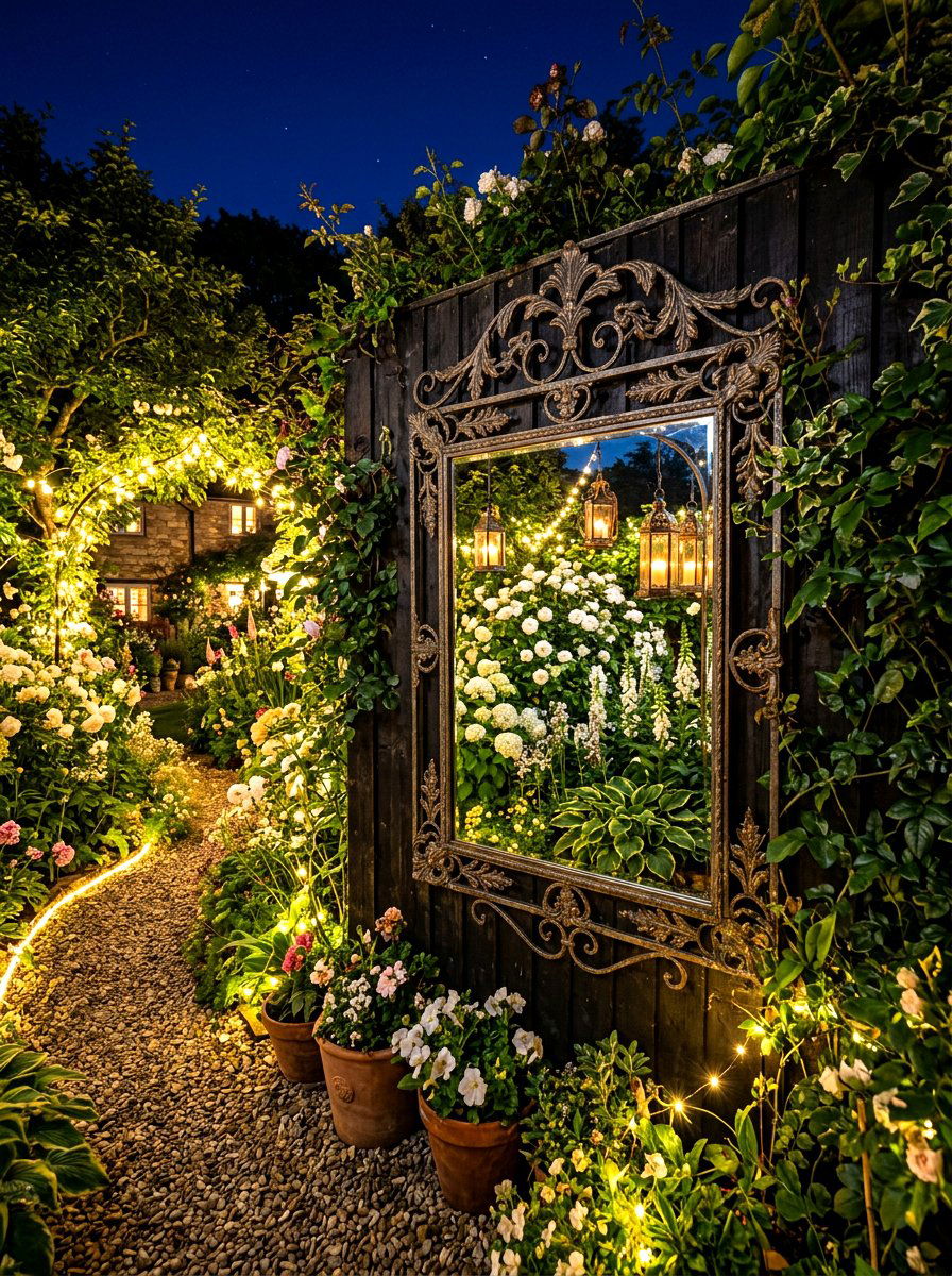 Reflective garden mirror - 30 moonlight backyard ideas