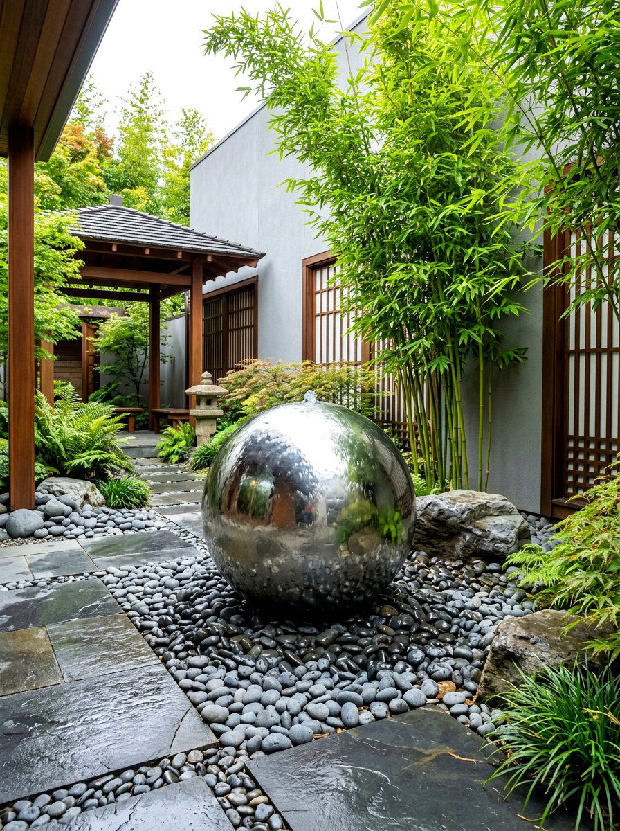 Reflective water sphere - 30 chrome outdoor accent ideas