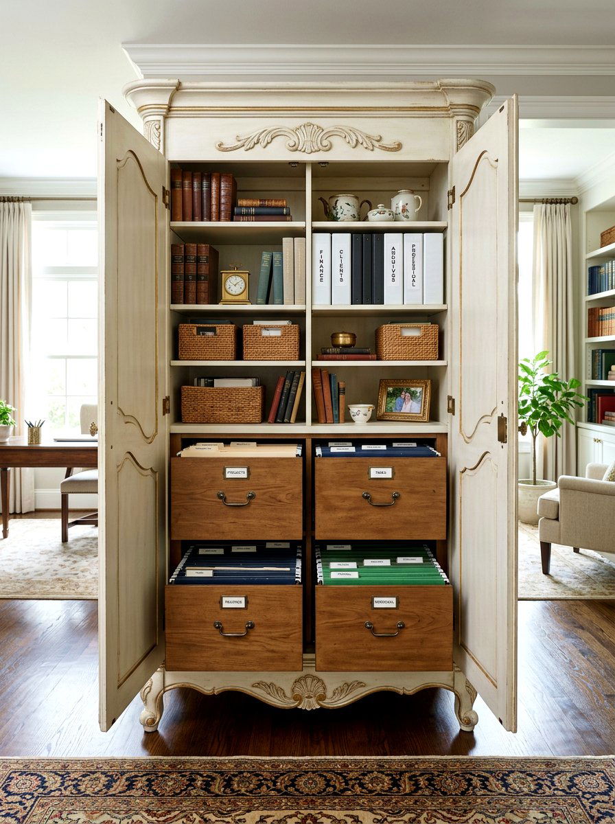 Repurposed Armoire Filing - 30 office file storage ideas