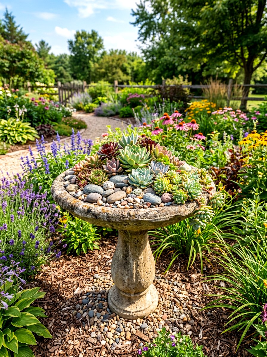 Repurposed Birdbath Garden - 30 succulent planter ideas
