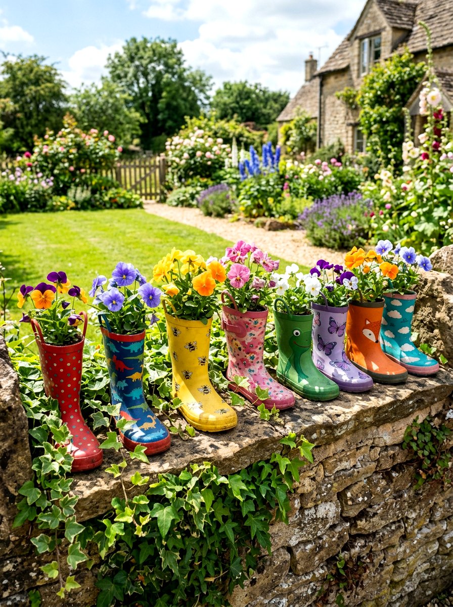 Repurposed Boot Garden - 30 container garden makeover ideas