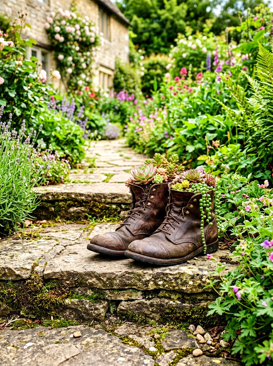 Repurposed Boot Planter - 30 succulent garden ideas