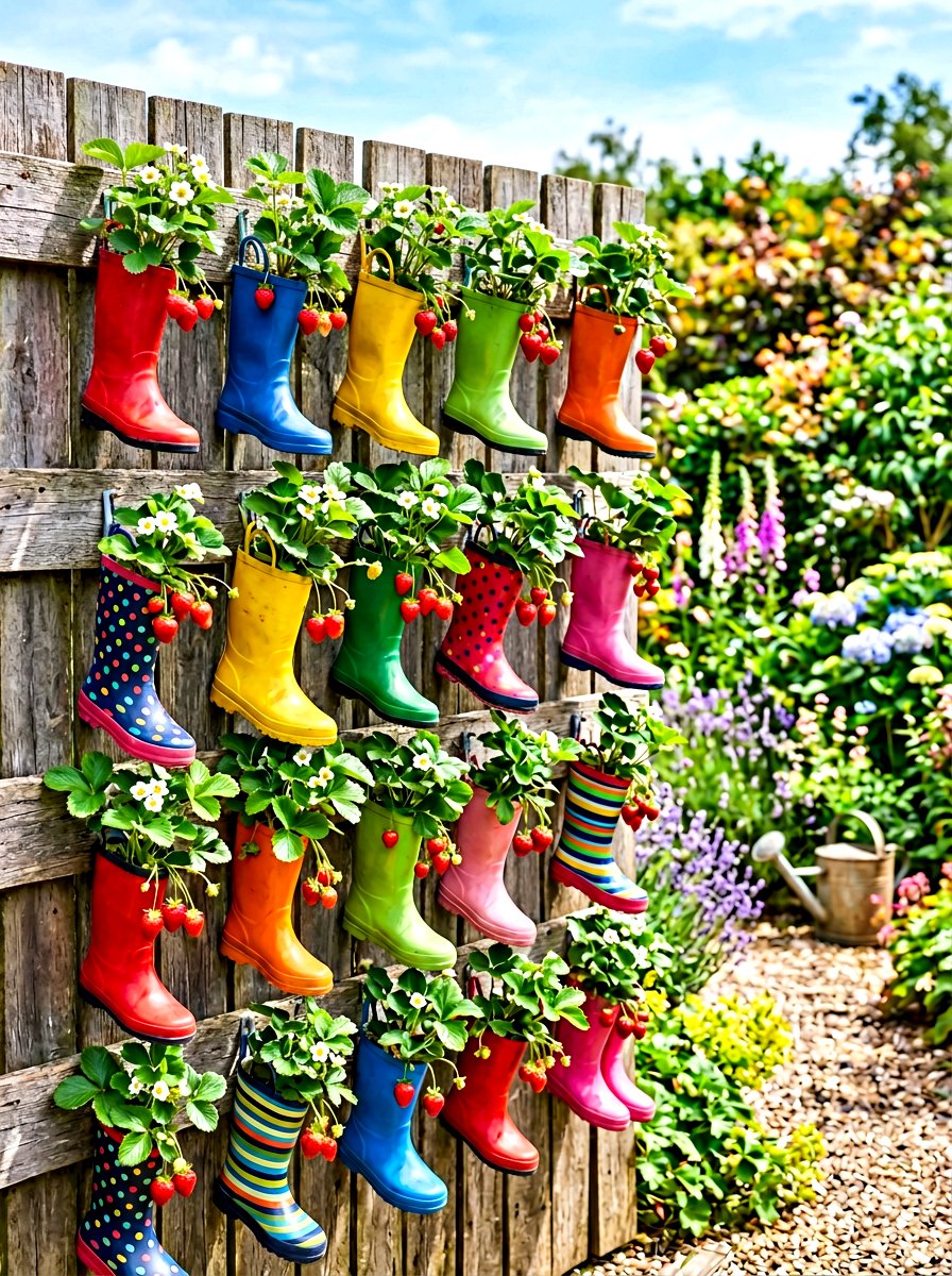 Repurposed Boot Wall - 30 vertical strawberry garden ideas