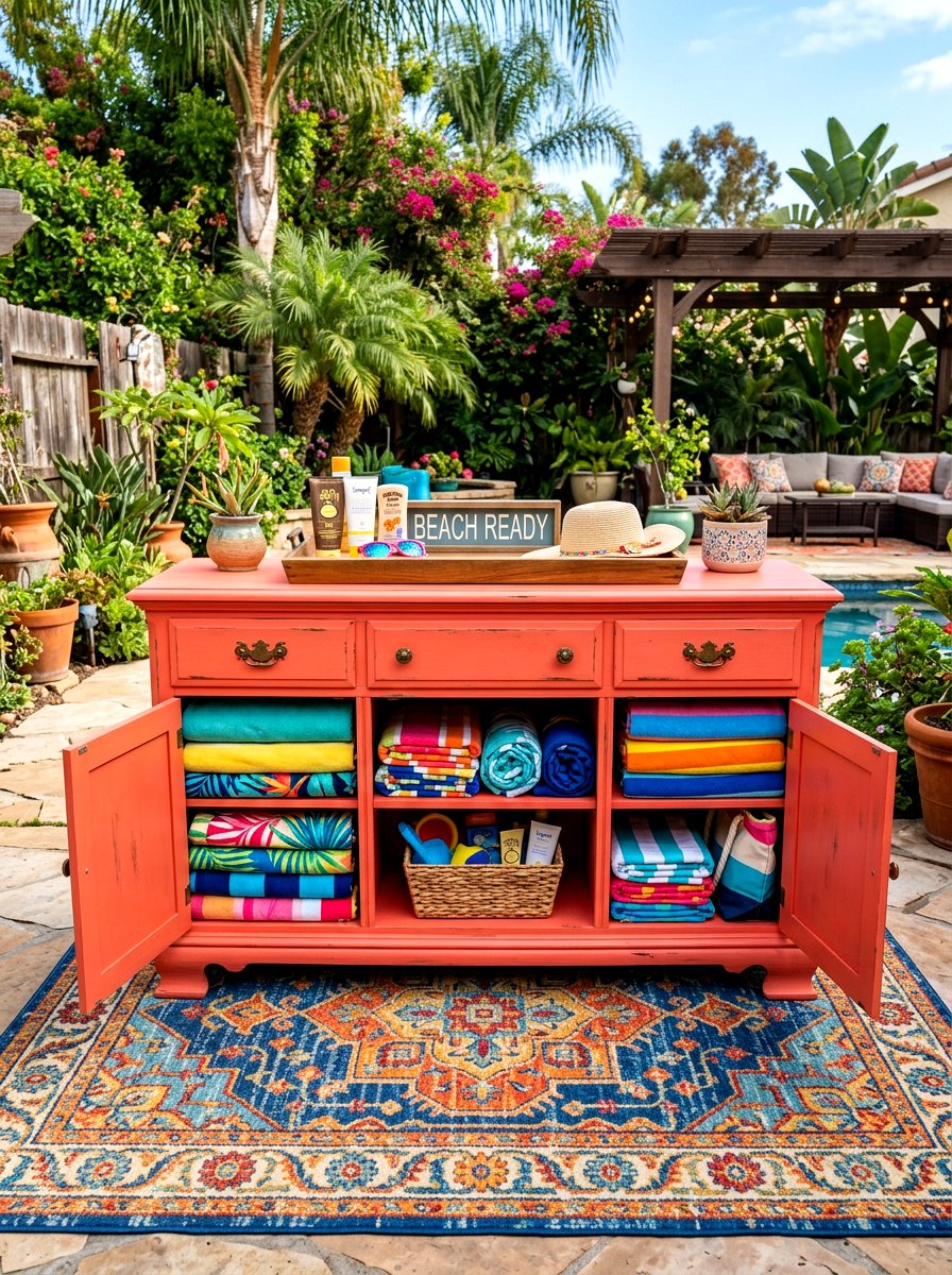 Repurposed Buffet Table - 30 outdoor towel storage ideas