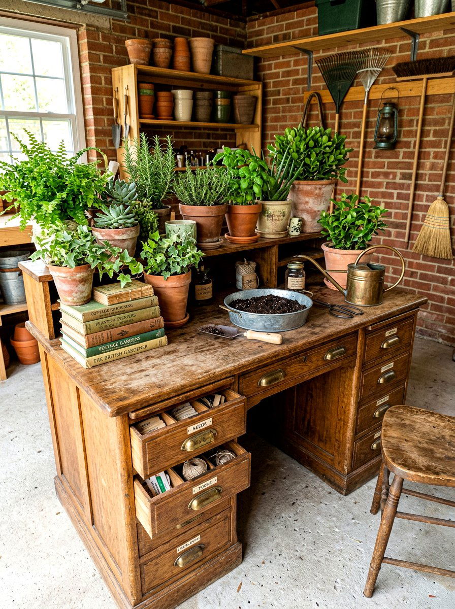 Repurposed Desk Potting Station - 30 garage gardening station ideas