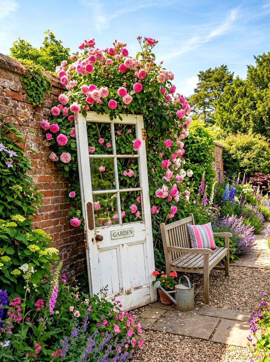 Repurposed Door Trellis - 30 budget backyard ideas