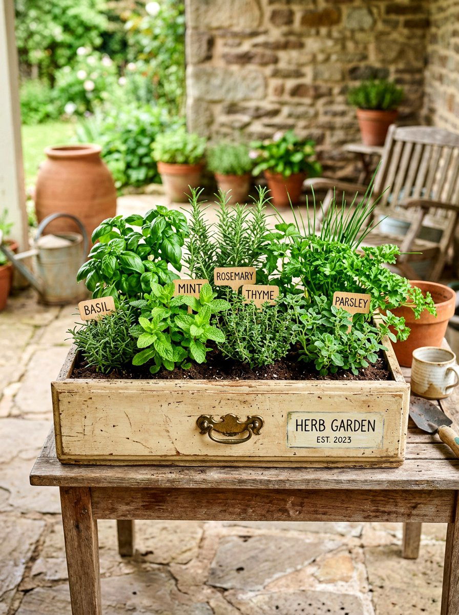Repurposed Drawer Herb Bed - 30 herb garden bed ideas