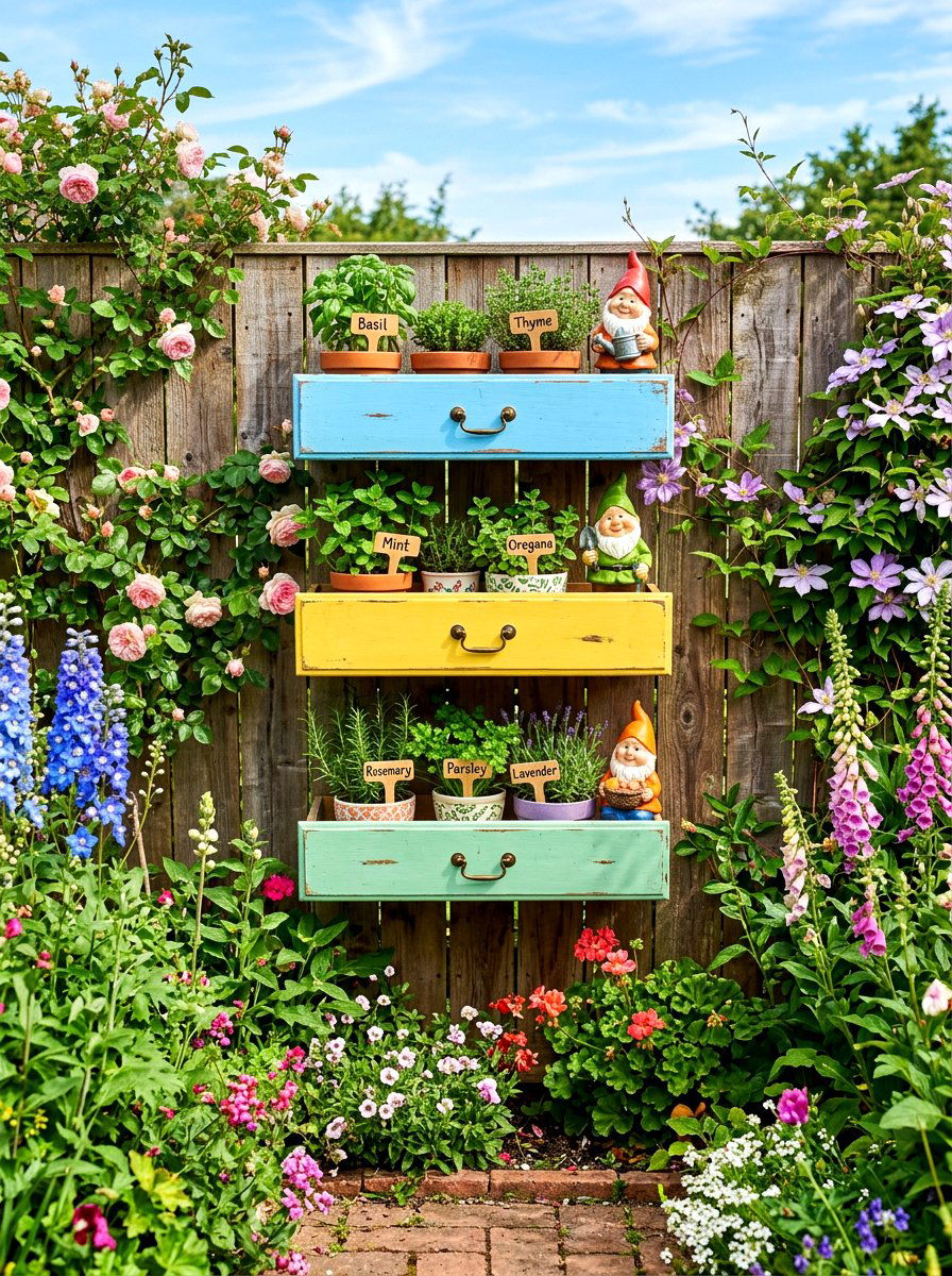 Repurposed Drawer Shelf - 30 budget outdoor furniture ideas