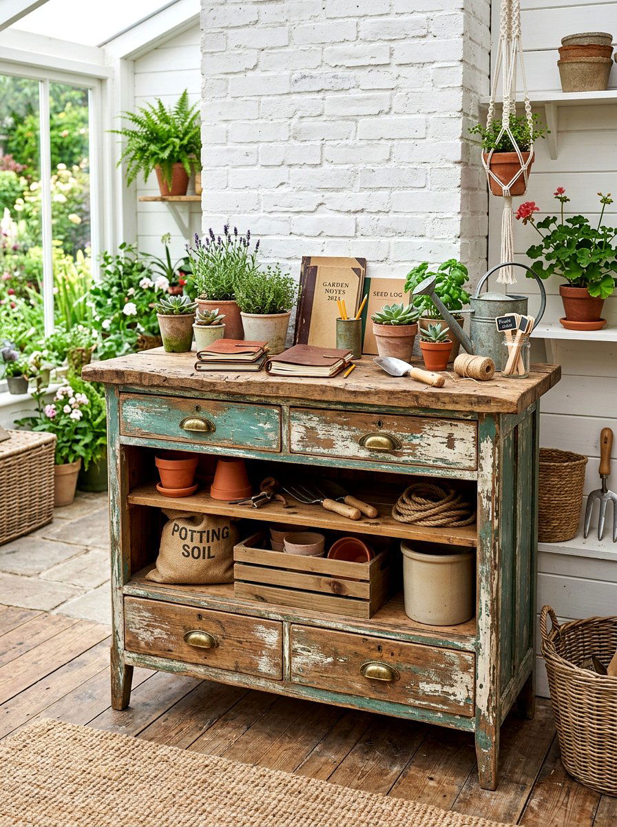 Repurposed Furniture Potting Table - 30 greenhouse potting area ideas