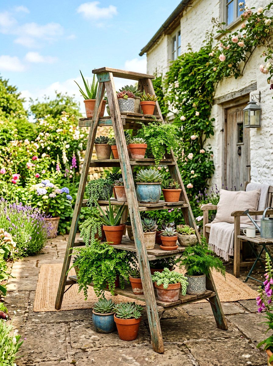 Repurposed Ladder Plant Stand - 30 vertical garden privacy wall ideas