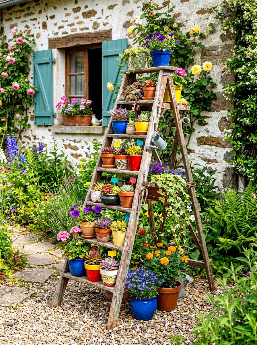 Repurposed Ladder Stand - 30 budget backyard ideas