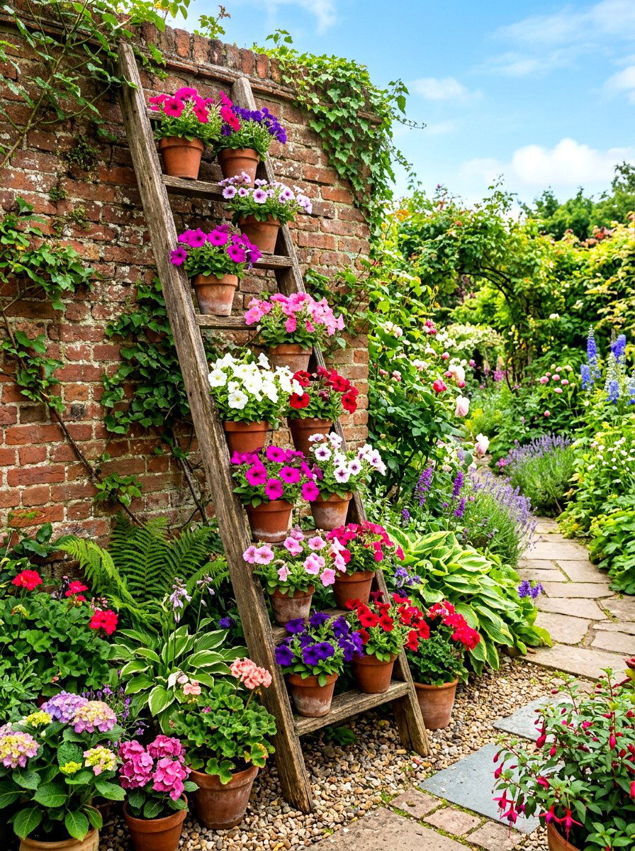 Repurposed Ladder Wall Garden - 30 hanging wall garden ideas