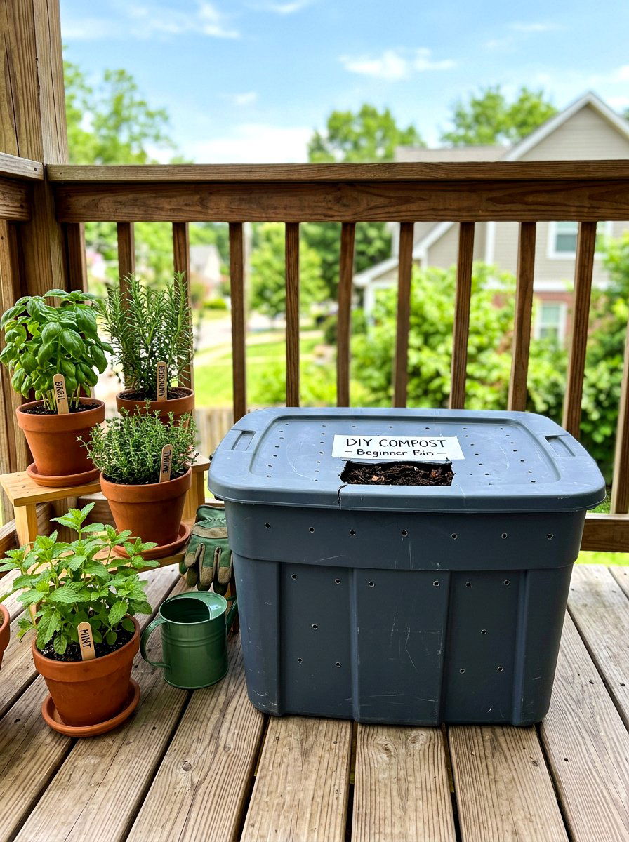 Repurposed Plastic Storage Tote - 30 compost corner ideas