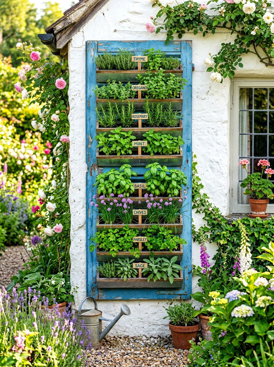 Repurposed Shutter Herb Garden - 30 vertical herb garden ideas