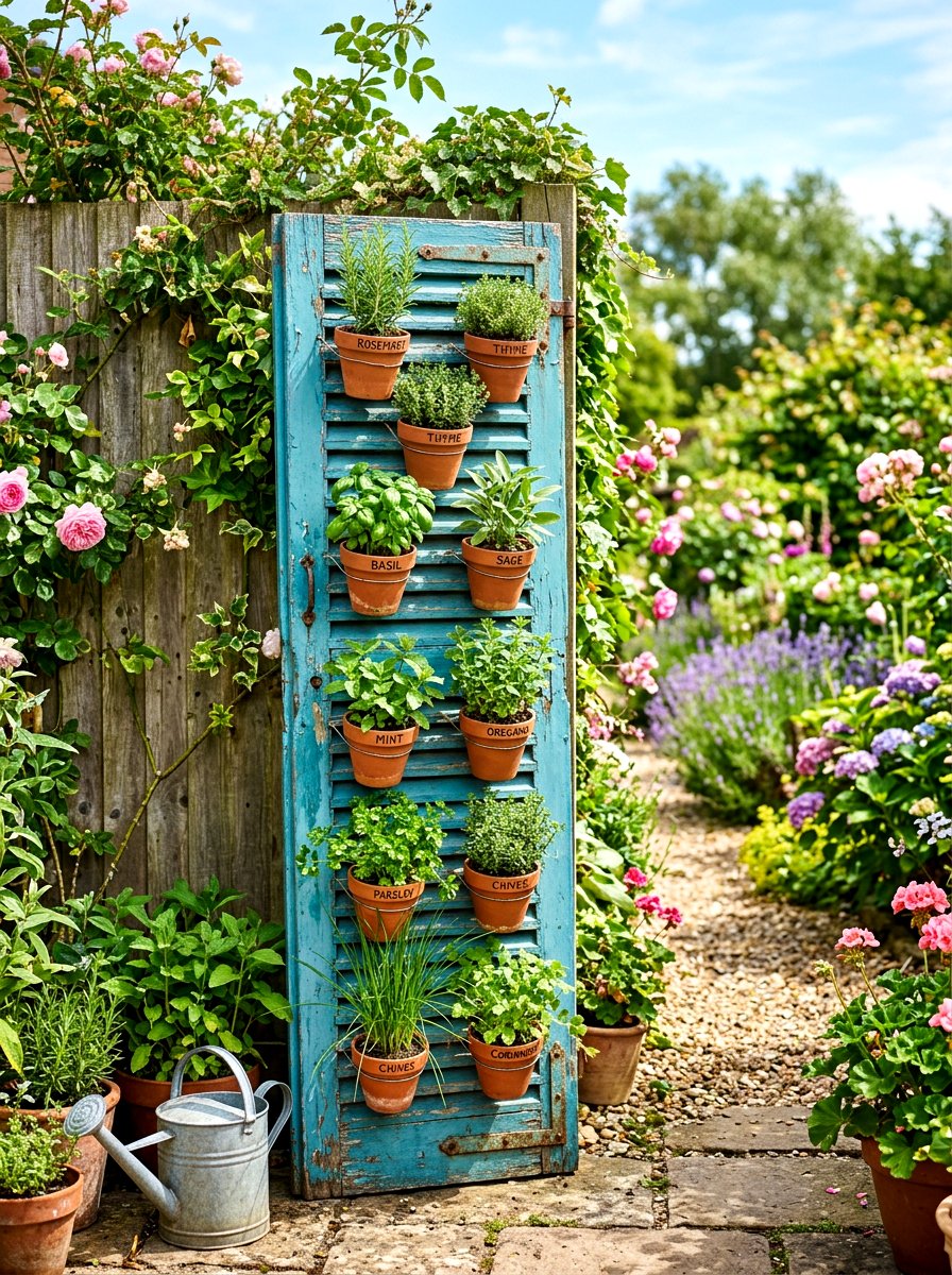 Repurposed Shutter Herb Garden - 30 rustic herb garden ideas