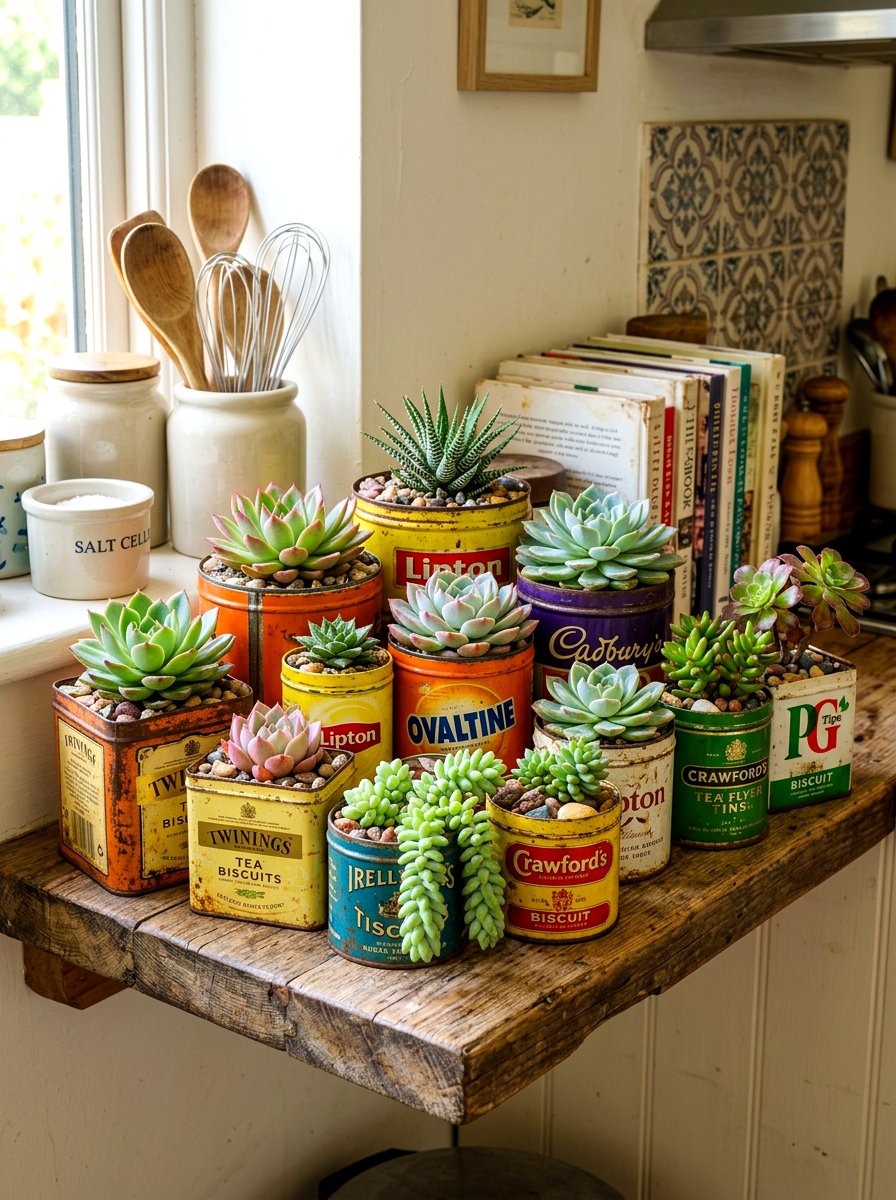 Repurposed Vintage Tin Succulents - 30 indoor succulent garden ideas