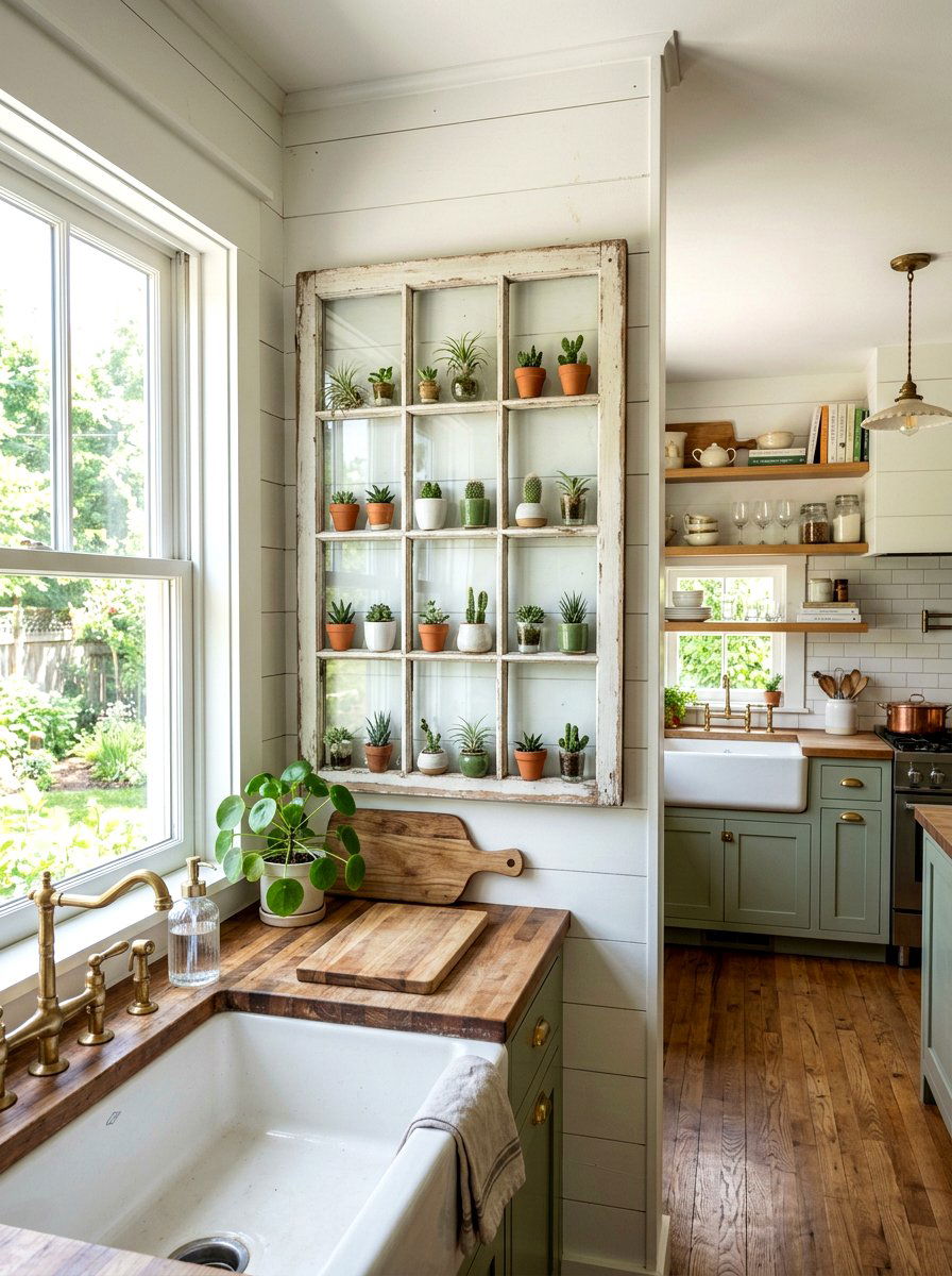 Repurposed Window Frame Shelving - 30 vintage kitchen shelf ideas