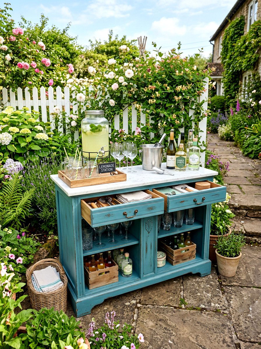 Repurposed dresser beverage station - 30 drink station patio ideas