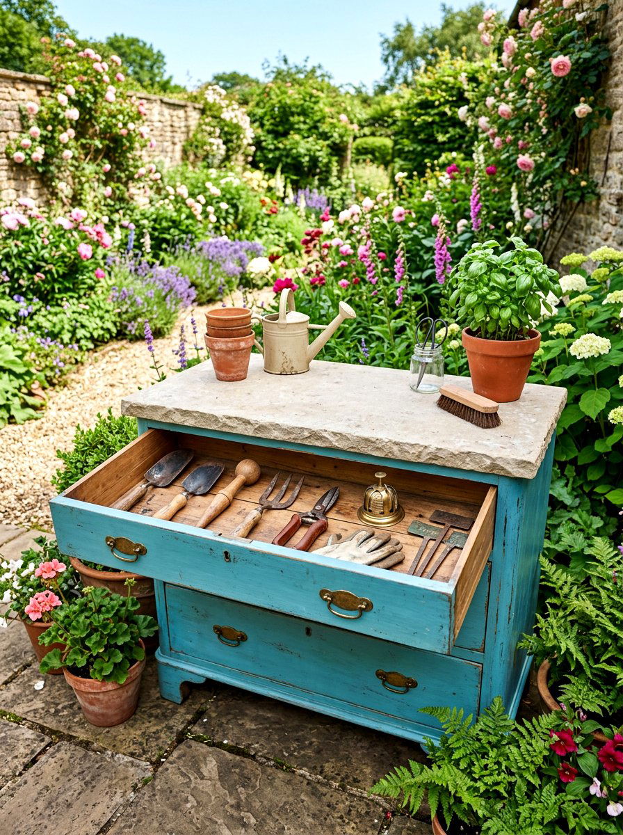 Repurposed dresser potting table - 30 potting table greenhouse ideas