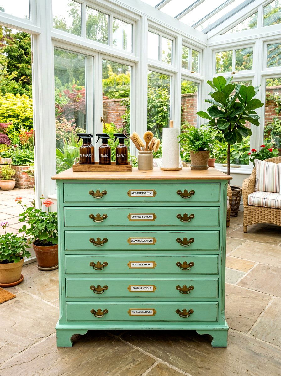 Repurposed furniture cleaning hub - 30 green cleaning station ideas