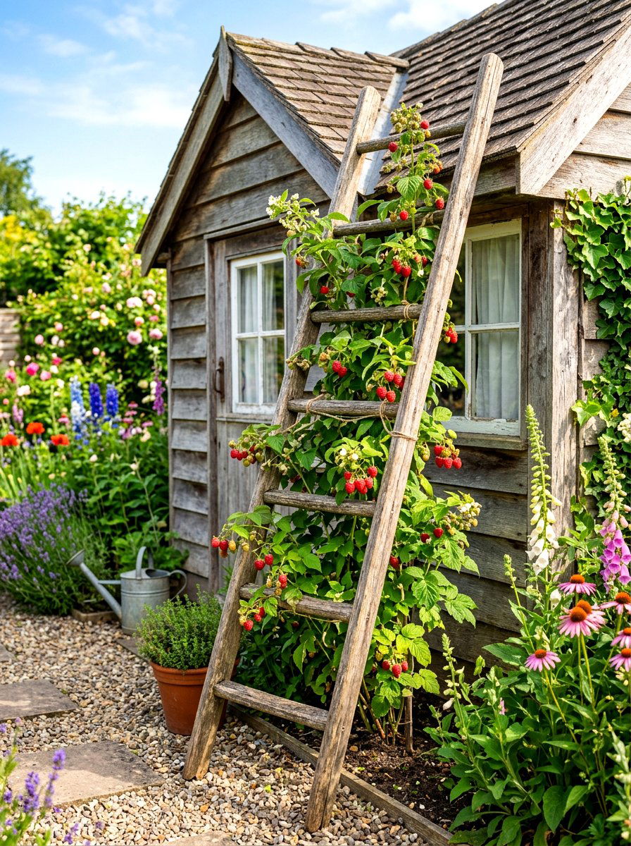 Repurposed ladder raspberry trellis - 30 raspberry trellis ideas