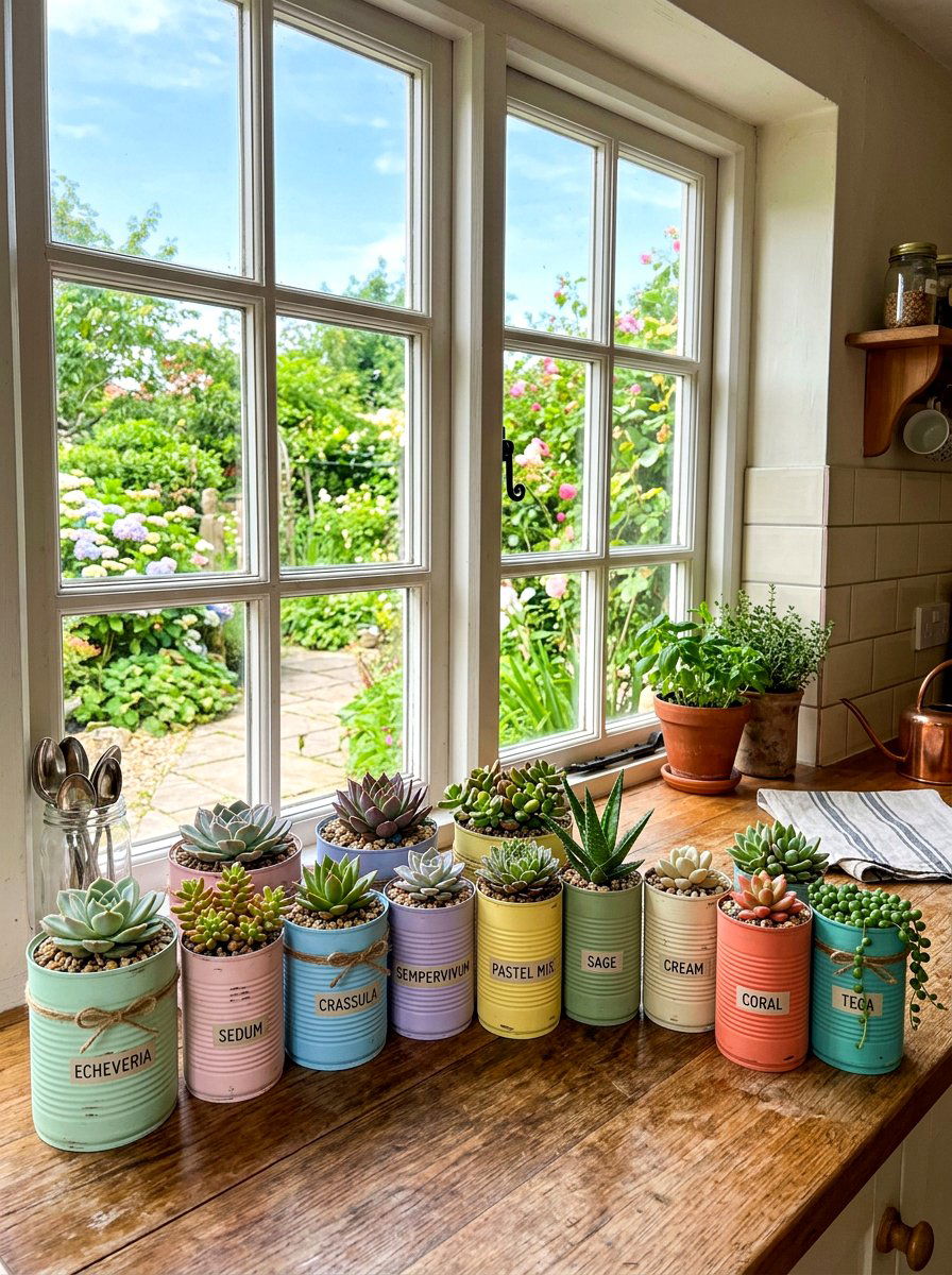 Repurposed tin cans - 30 succulent windowsill ideas