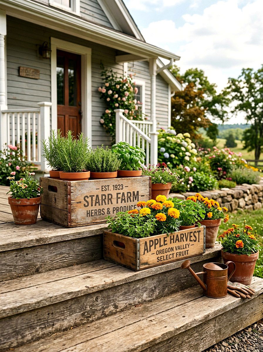 Repurposed vintage crates - 30 porch step planter ideas