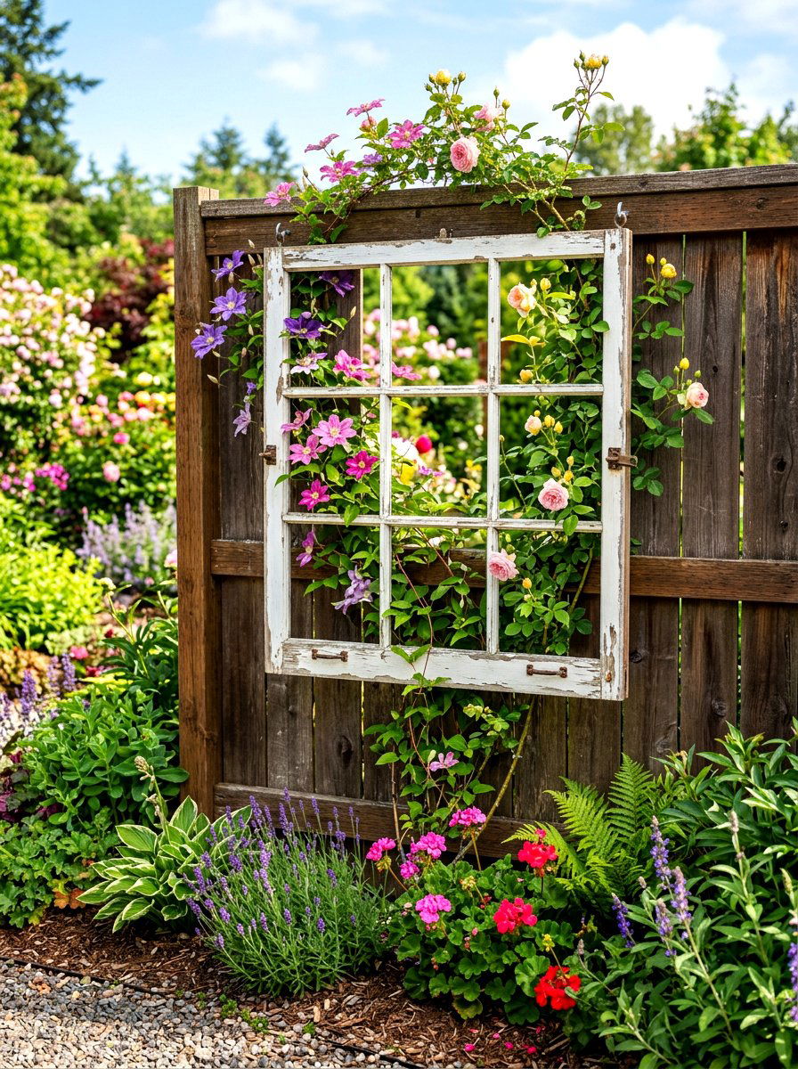 Repurposed window frame garden art - 30 cottagecore garden ideas